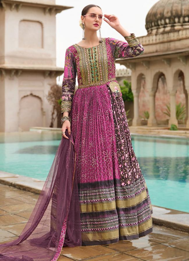 Silk Dark Pink Bridal Wear Printed Readymade Gown With Dupatta